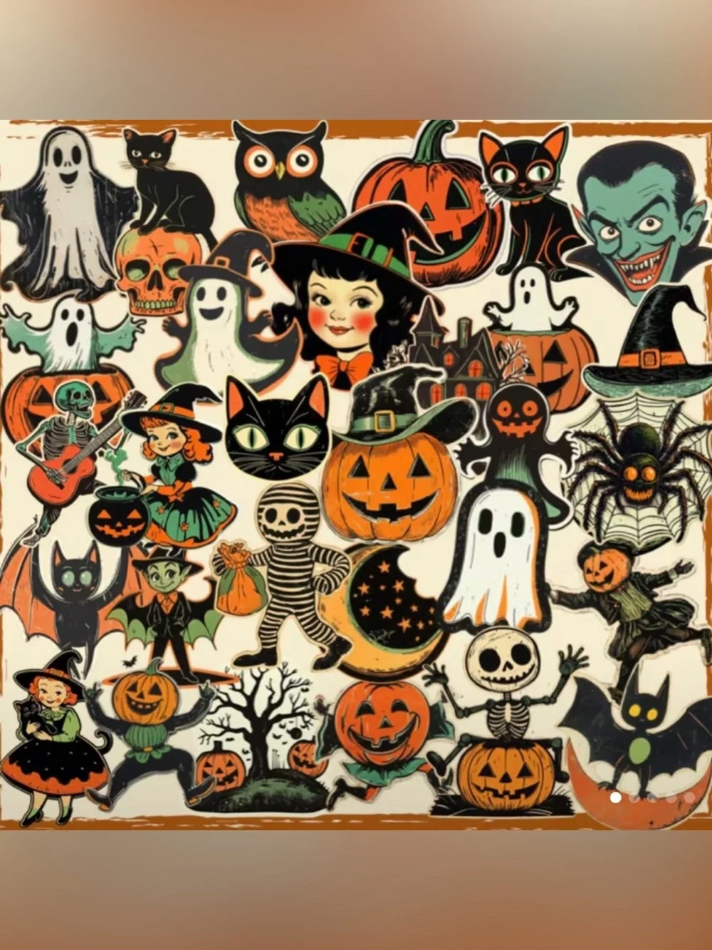 64 Vintage Halloween Stickers - Orange, Black & Green Kids Pumpkin Ghost Owl Cat